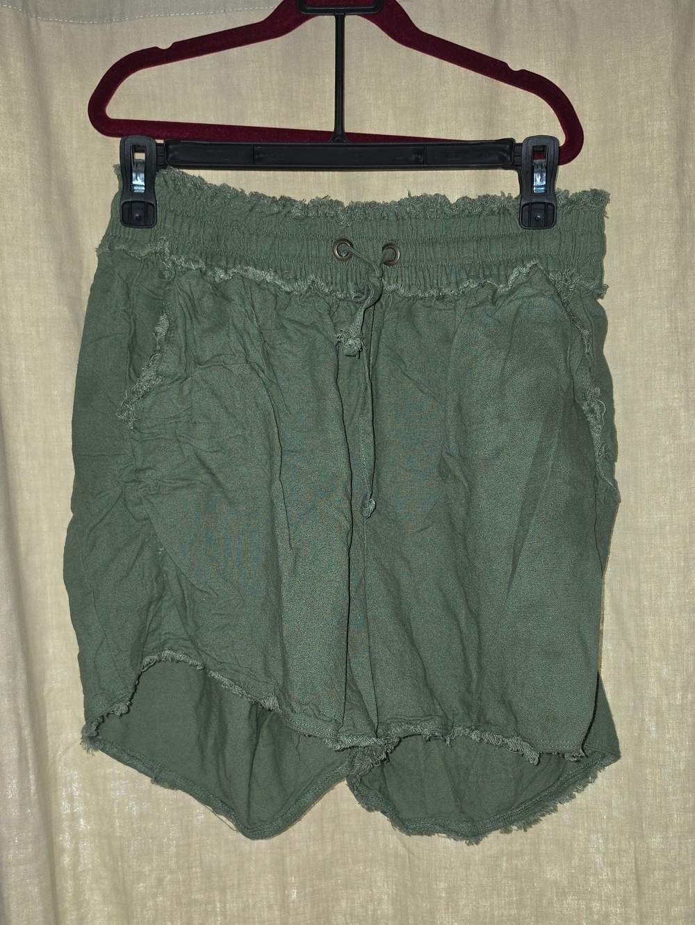 Zenana Outfitters Olive Green Frayed-Hem Drawstring Shorts